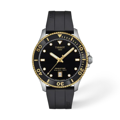 Reloj Tissot Seastar 1000 de 40 mm: esfera negra con fecha, bisel negro con aro dorado, caja de acero y correa de caucho negra