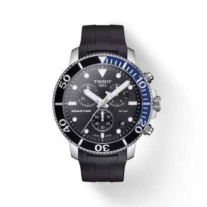Reloj Tissot Seastar 1000 Chrono de 45,5 mm: esfera negra con tres contadores, bisel en azul y negro, caja de acero y correa de caucho negra