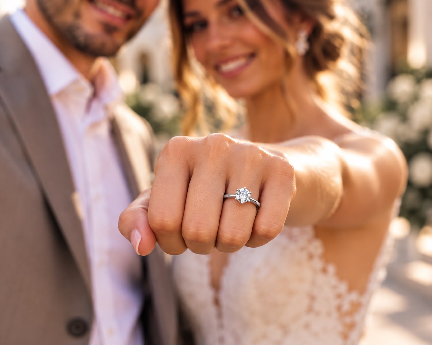 Pareja de novios mostrando el anillo de compromiso