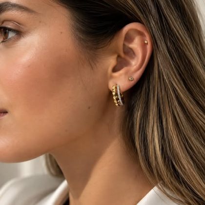 Aros Argolla Doble con Diamantes Oro 18K
