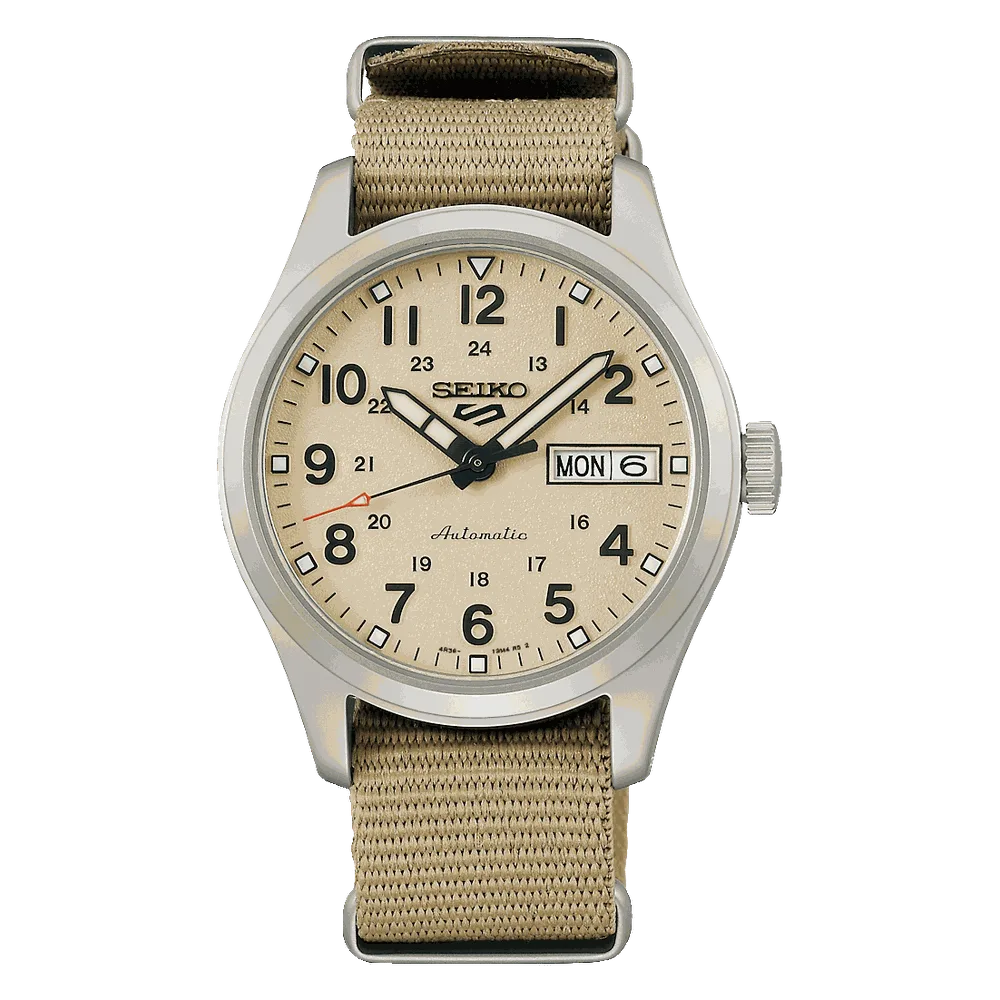 Reloj Seiko 5 Sports SRPJ83K1 Esfera Beige Correa de Nylon 36,4 mm